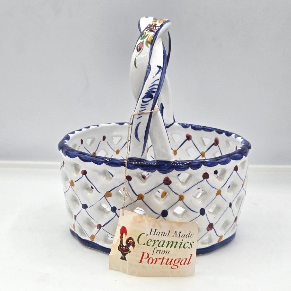 Vintage Portugal Hand Painted Reticulated Ceramic Basket Open Weave Figurine